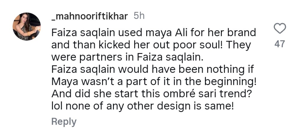 فیضہ ساکلین نے مایا علی پر اپنے ڈیزائنوں کی کاپی کرنے کا الزام عائد کیا فیضہ ساکلین نے مایا علی پر اپنے ڈیزائنوں کی کاپی کرنے کا الزام عائد کیا